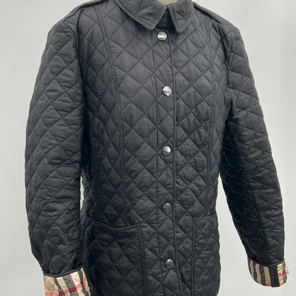 Burberry London England Women's Quilted Black Utility Nova Check Lined Jacket ~L